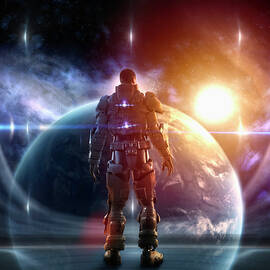 Caucasian Soldier Wearing Glowing Armor by Colin Anderson Productions Pty Ltd