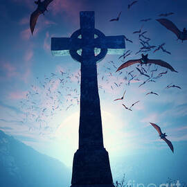 Celtic Cross with swarm of bats by Johan Swanepoel