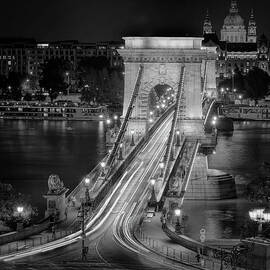 Chain Bridge Night Traffic BW by Joan Carroll