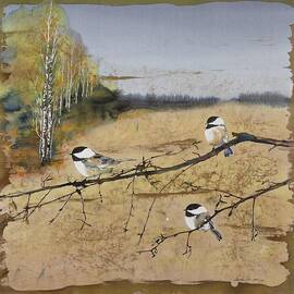 Chickadees and a row of Birch Trees