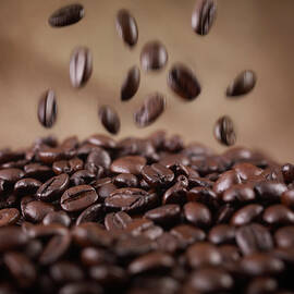 Close Up Of Coffee Beans Falling In Heap by Adam Gault