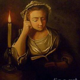 Colonial girl reading by candle light