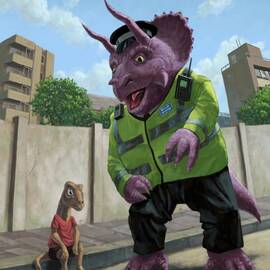 Dinosaur Community Policeman helping youngster by Martin Davey