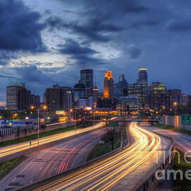 Downtown Minneapolis Skyline On 35 W Sunset by Wayne Moran