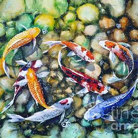 Eight Koi Fish Playing with Bubbles