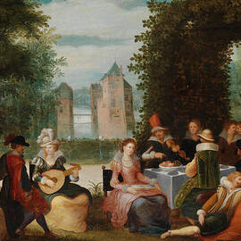 Elegant Social Gathering in a Park with a River or Weir in the Background by Louis de Caullery