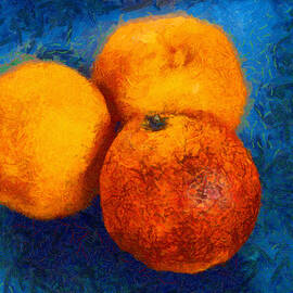 Food still life - three oranges on blue - digital painting