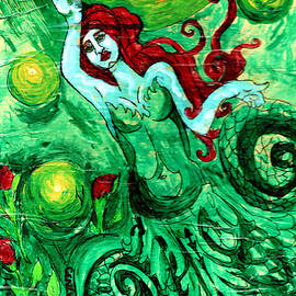 Green Mermaid With Red Hair And Roses by Genevieve Esson