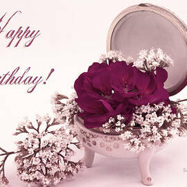 Happy Birthday Card - Pink Geranium In Vintage Dish by Sandra Foster