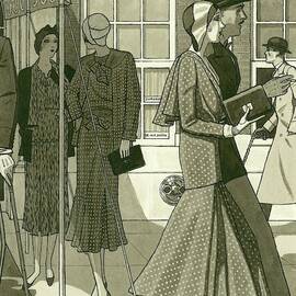 Illustration Of Men And Women Exiting Building by Pierre Mourgue