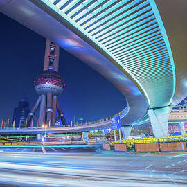In Shanghai At Night With Overpass by Sandro Bisaro