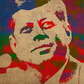 John F Kennedy JFK Watercolor Portrait on Worn Distressed Canvas by Design Turnpike