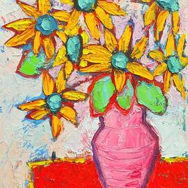 Joyful Little Sunflowers In Pink Vase - Abstract Flowers by Ana Maria Edulescu
