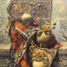 Khachkar cross  stone still life with jugs by Meruzhan Khachatryan