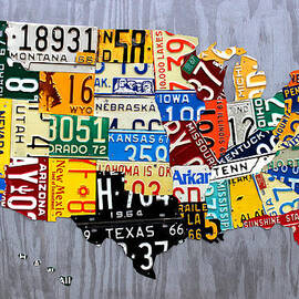 License Plate Map of The United States - Muscle Car Era - On Silver by Design Turnpike