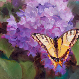 Lilacs and Swallowtail Butterfly Purple Flowers Garden Decor Painting  by K Whitworth