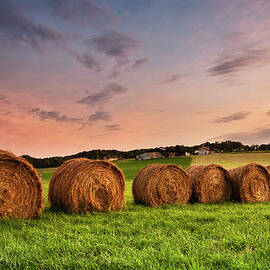 Line Of Hay Bales At Sunset by Verity E. Milligan