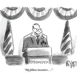 Man Stands Speaking At Podium With A Sign by Christopher Weyant