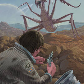 marooned astronaut confronting monster by Martin Davey