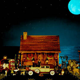 MINIATURE LOG CABIN SCENE WITH OLD TIME VINTAGE CLASSIC 1930 Packard LaBaron in color by Leslie Crotty