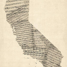 Old Sheet Music Map of California by Michael Tompsett