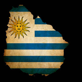 Outline map of Uruguay with grunge flag insert isolated on black by Matthew Gibson