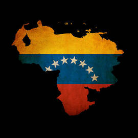 Outline map of Venezuela with grunge flag insert isolated on bla by Matthew Gibson