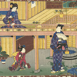 Prince Genji With Fan Standing At A Well, Looking by Kunisada (i) And Utagawa And Mera Taichiro And Murata Heiemon