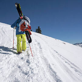 Pro Skier Hiking Up The Mountain by Daniel Milchev
