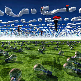 Red umbrealls and men float under query clouds by Bruce Rolff