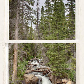 Rocky Mountain Stream View Through White Rustic Window by James BO Insogna