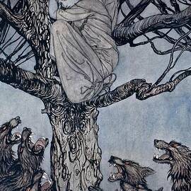 She looked with angry woe at the straining and snarling horde below illustration from Irish Fairy  by Arthur Rackham