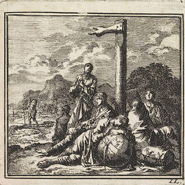Six Figures Near A Globe At A Signpost, Jan Luyken by Jan Luyken And Wed. Pieter Arentsz & Cornelis Van Der Sys (ii)