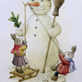 Snowman And Hares by Kestutis Kasparavicius