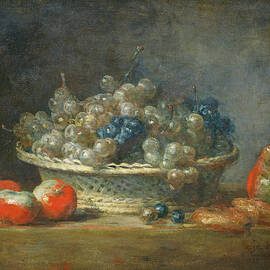 Still Life Grape Basket With Three Apples, A Pear And Two Marzipans, 1764 Oil On Canvas by Jean-Baptiste Simeon Chardin