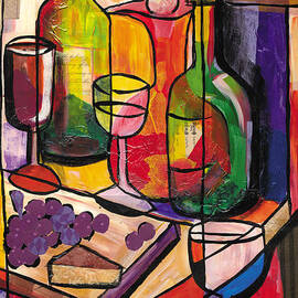 Still Life of Fruit Wine and Cheese by Everett Spruill