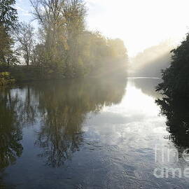 Sunbeams on Orb river by morning mist by Sami Sarkis Photography