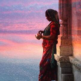 Sunset Lake Colorful Woman Rajasthani Udaipur India by Sue Jacobi