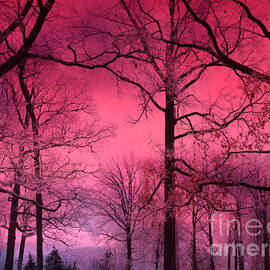 Surreal Fantasy Dark Pink Forest Woodlands Trees With Dark Pink Haunting Sky - Fantasy Pink Nature  by Kathy Fornal