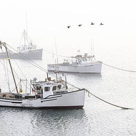 Three Boats Moored in Soft Morning Fog  by Marty Saccone