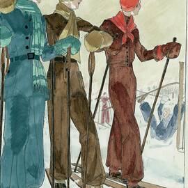 Three Women On The Ski Slopes Wearing Suits by Jean Pages