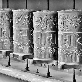 Tibetan Prayer Wheels - Black and White by Kim Bemis