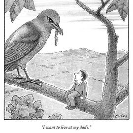 Tiny Man Looks Up At Bird As He Sits On A Branch by Harry Bliss