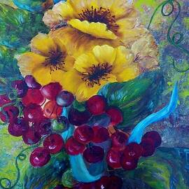 Too Delicate for Words - Yellow Flowers and Red Grapes by Eloise Schneider Mote