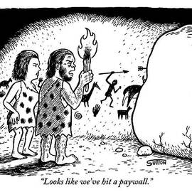 Two Cave Dwellers Stand In Front Of A Boulder by Ward Sutton