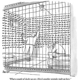 Two Men In A Jail Cell. One Is Examining A Wall by Jack Ziegler