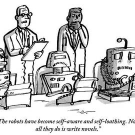 Two Scientists Stand Over Three Robots Who by Farley Katz