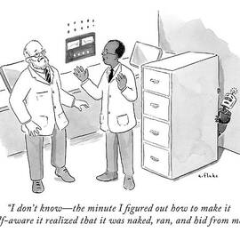 Two Scientists Talking While A Scared Robot Hides by Emily Flake