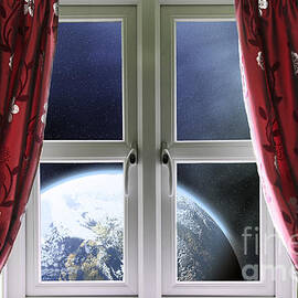 View of the Earth through a window with curtains by Simon Bratt