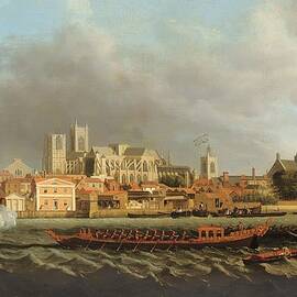 View Of Westminster From Lambeth With A Royal Barge In The Foreground Oil On Canvas by Samuel Scott